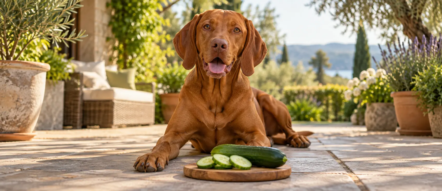 Vizsla lying on a patio beside sliced cucumber on a wooden board.