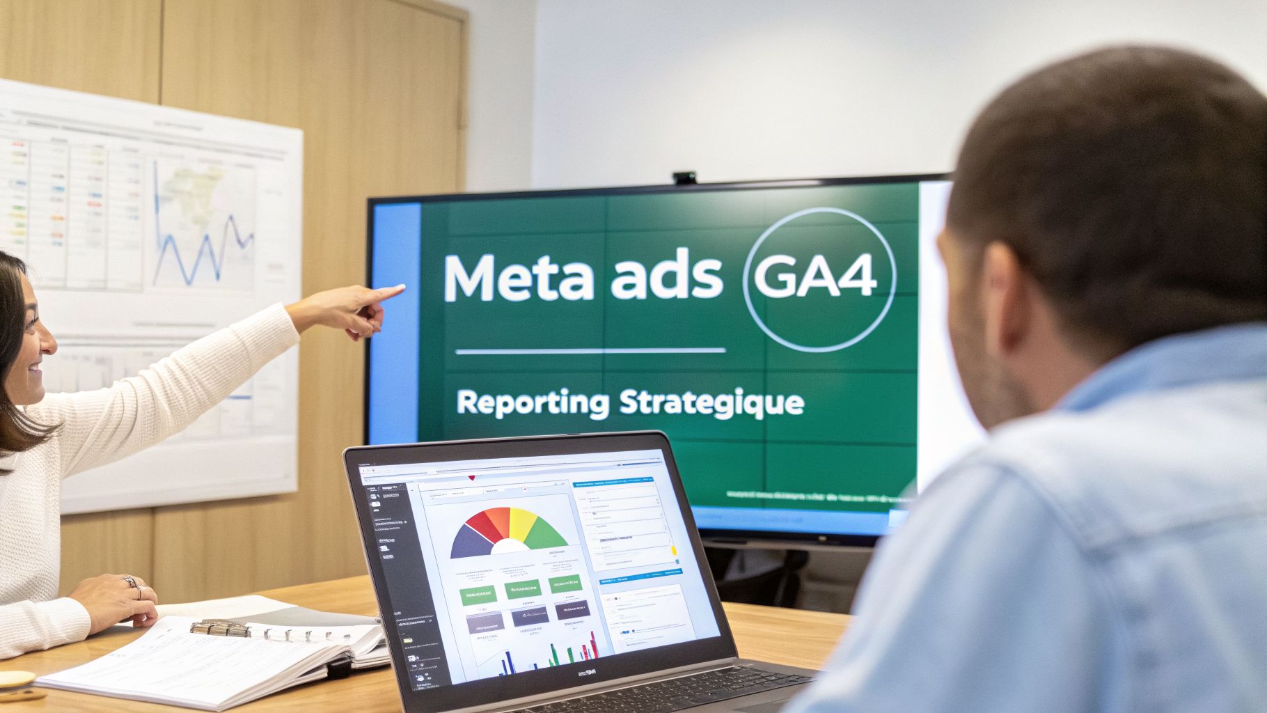 Une femme pointe un écran affichant « Meta ads GA4 Reporting Stratégique » lors d'une réunion sur l'analyse de données.