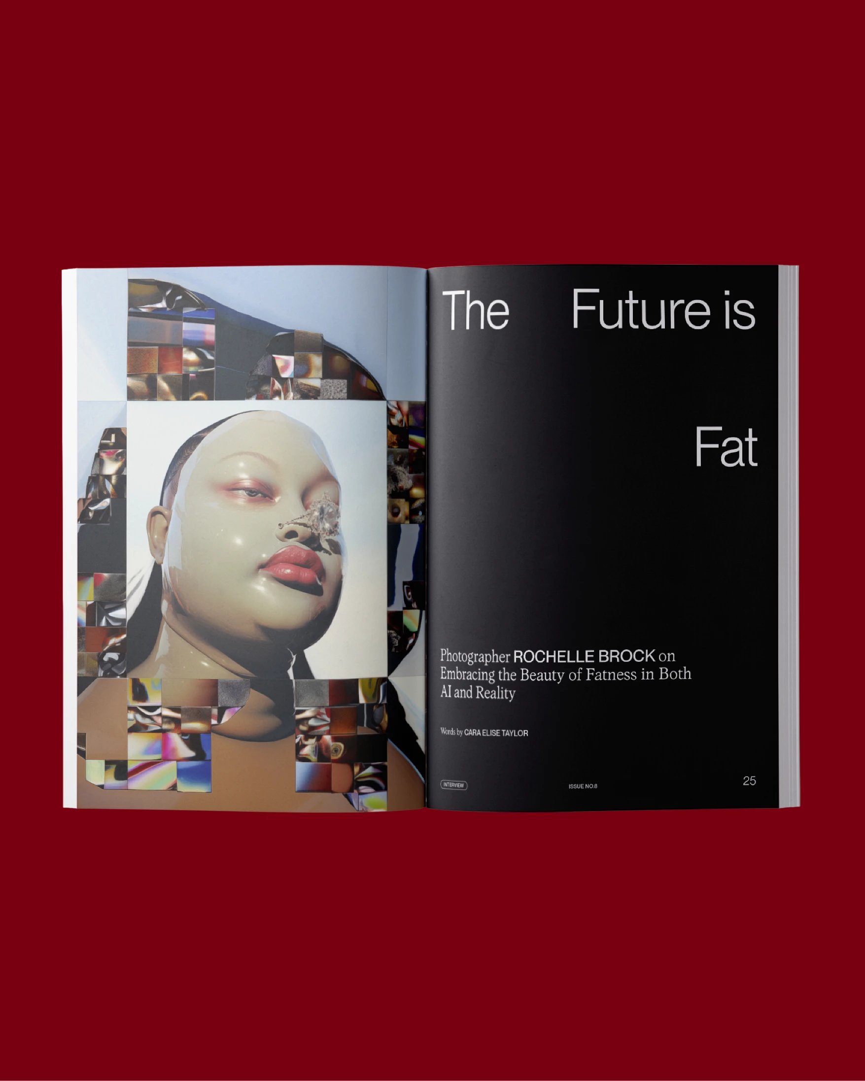 This image shows an open magazine on a red surface, featuring a bold black page with the words "The Future is Fat" alongside a colorful, artistic photograph of a person with glossy makeup and abstract visual elements.