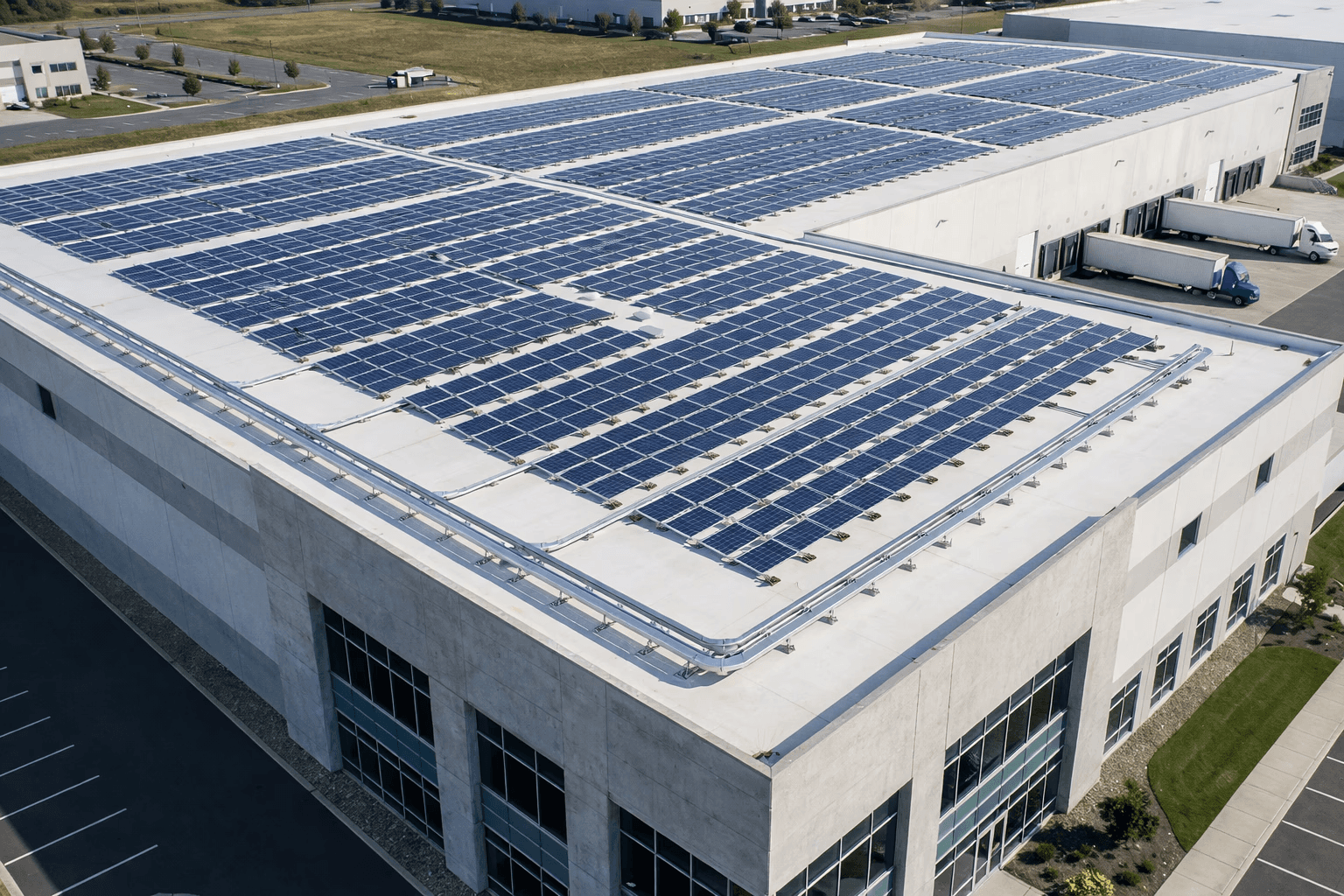 Aerial view of ground-mounted photovoltaic solar park installed across agricultural landscape