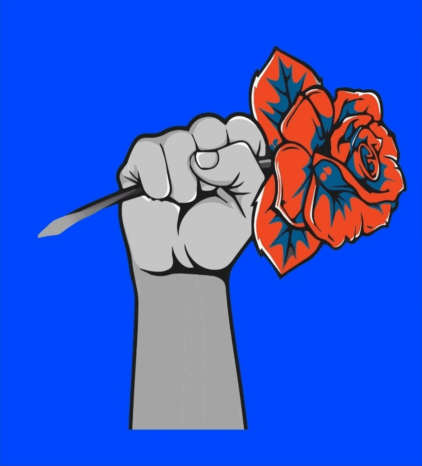 Graphic featuring a raised fist holding a red flower on a blue background, next to repeated bold red and black text that reads: ‘The Technicolor Truth: Art for the Anti-Antagonist’.