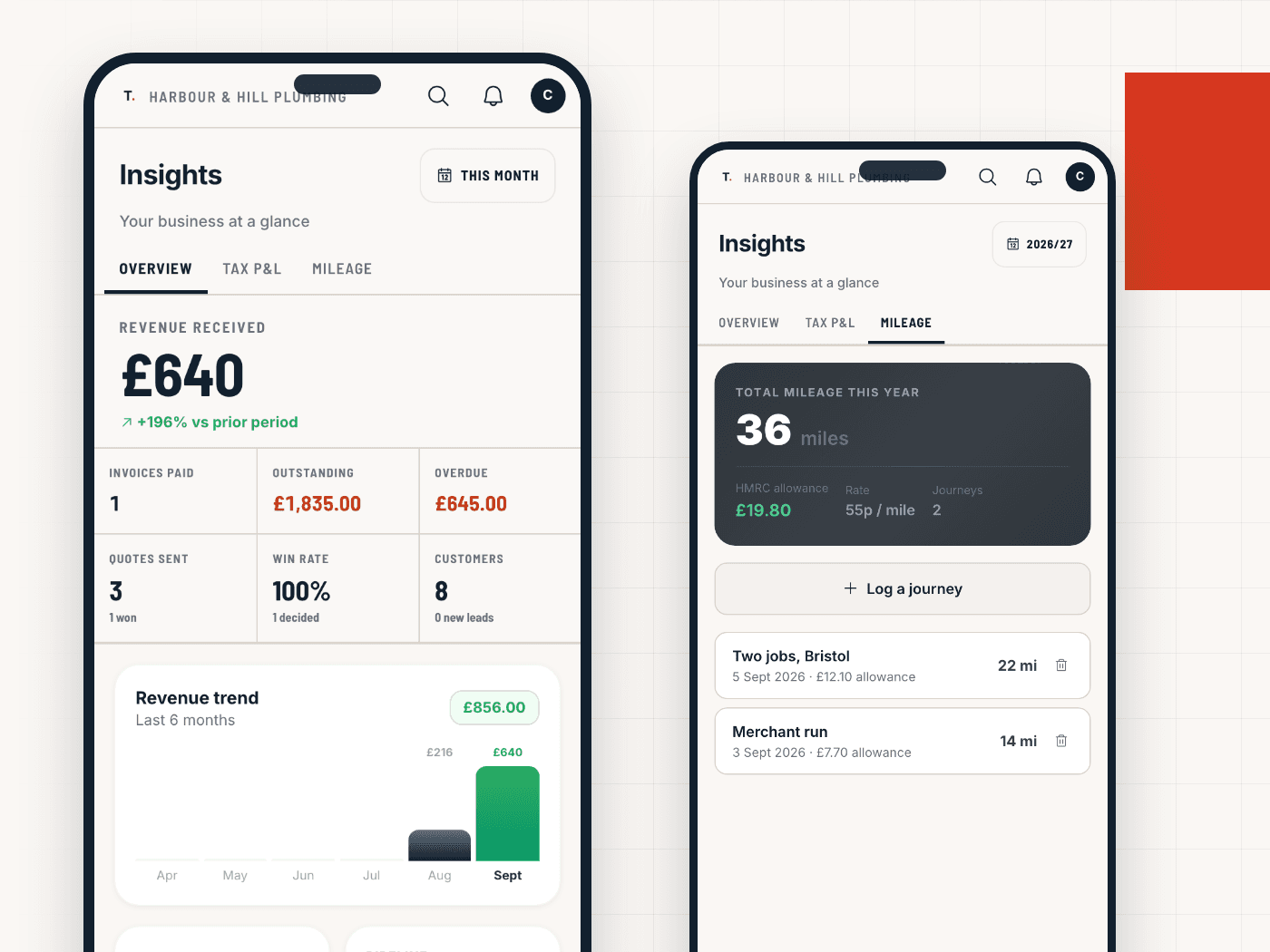 TradePilot tax-year view and mileage log using synthetic demo records.