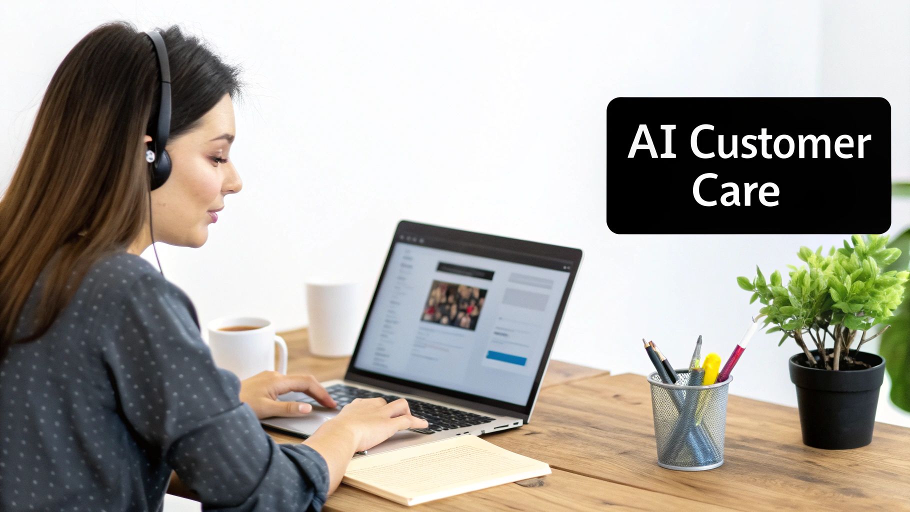 Woman with headphones working on a laptop at a desk with 'AI Customer Care' text.