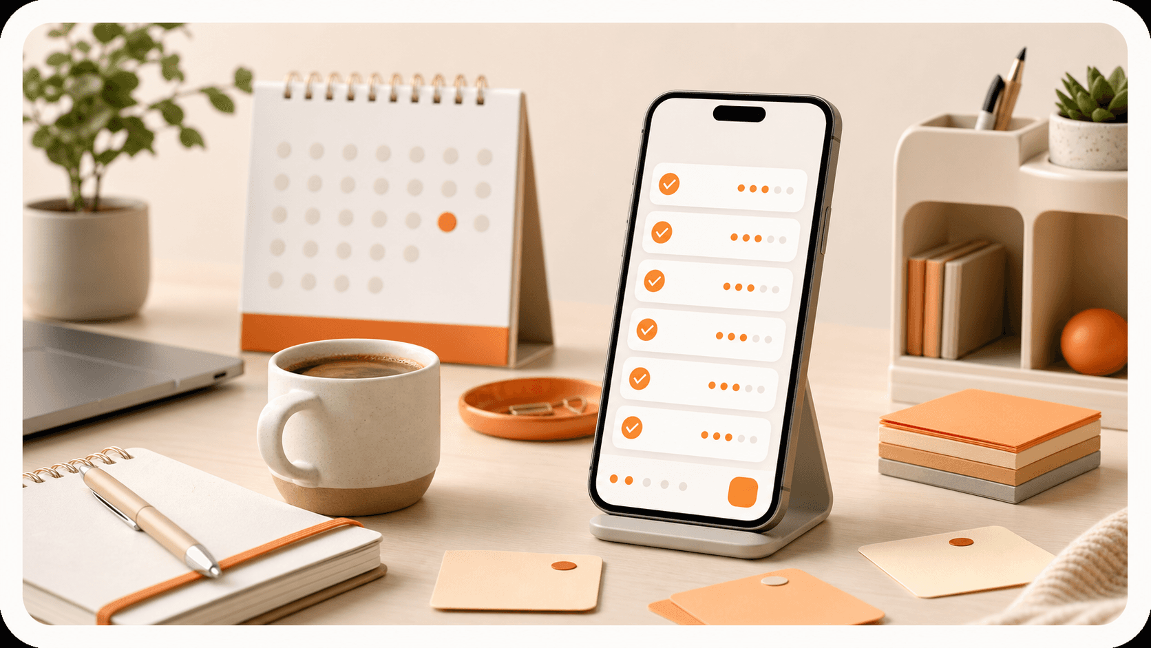 Entrepreneur desk with a phone habit tracker, calendar, notebook, coffee, and orange productivity cards