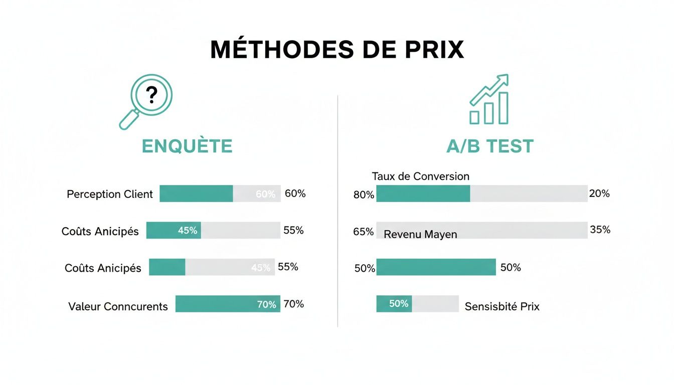 Comparaison des méthodes de prix Enquête et A/B Test, détaillant facteurs comme perception client, coûts et conversion.