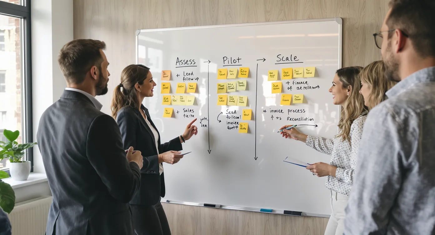 Een MKB-managementteam in een vergaderruimte staat rond een whiteboard met drie kolommen met de titels Assess, Pilot en Scale. Op het bord staan eenvoudige pijlen en sticky notes die sales, operations en finance processen tonen, zoals lead follow-up, offerteproces en factuurafstemming. Europese kantooromgeving, focus op samenwerking en planning.