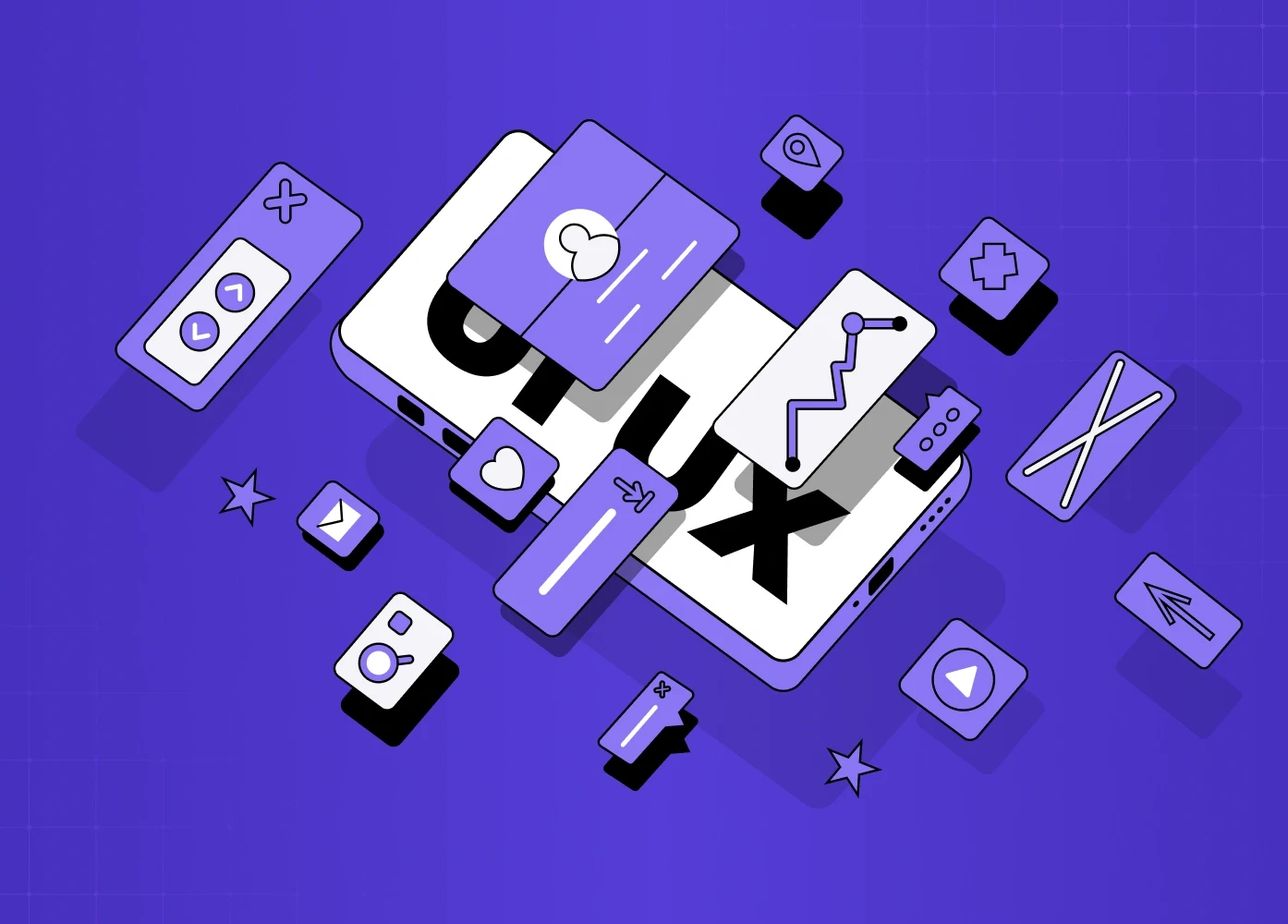 Isometric UI illustration with mobile device, floating interface cards, and interactive elements.