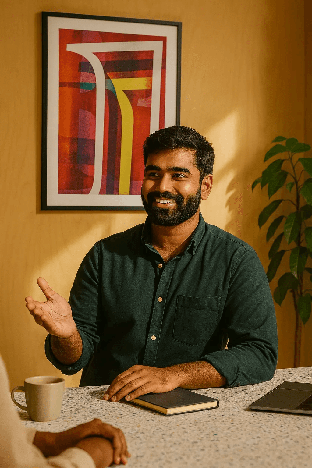 A smiling man with a beard wearing a dark green shirt, sitting at a table with a notebook, coffee cup, and laptop. He gestures with one hand while speaking, with a colorful abstract artwork framed behind him.