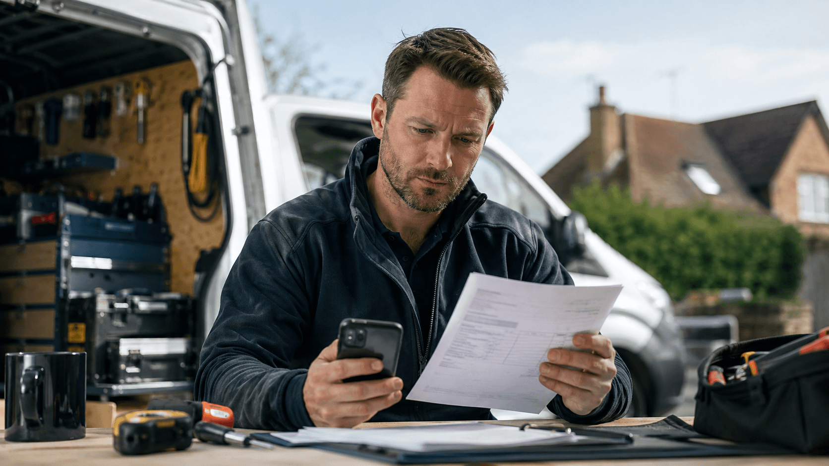 Tradesperson by their van reviewing an invoice and phone