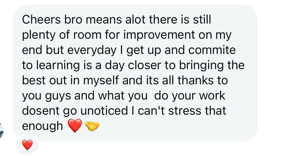 Written testimonial praising Evo X for daily learning and commitment, crediting mentors for progress and motivation