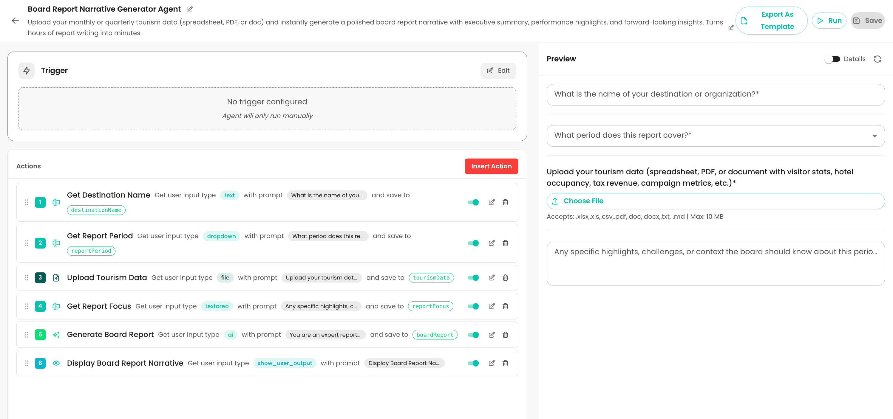Three fields. One upload. You're ready to run