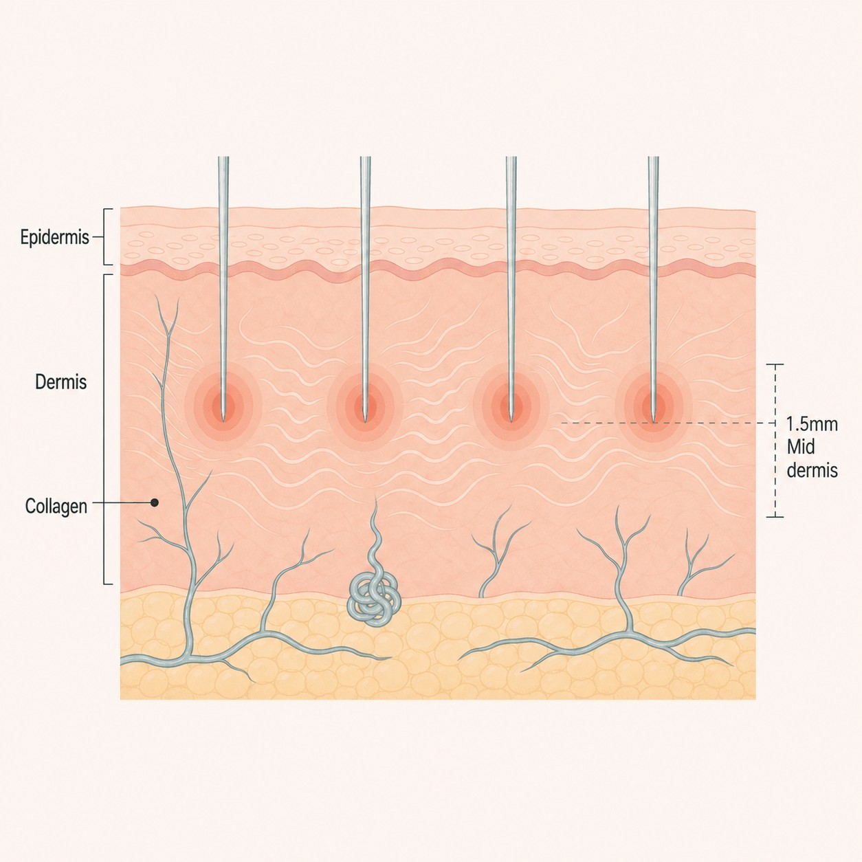 Radiofrequency heat delivered into the dermis and the collagen it stimulates