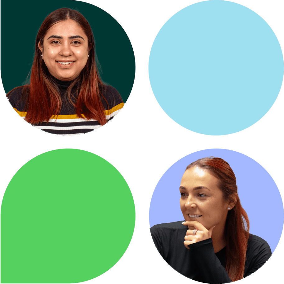 Two team members in coloured shapes: a smiling woman with long dark hair in a striped jumper, and a smiling woman with red hair resting her chin on her hand, beside light blue and green shapes