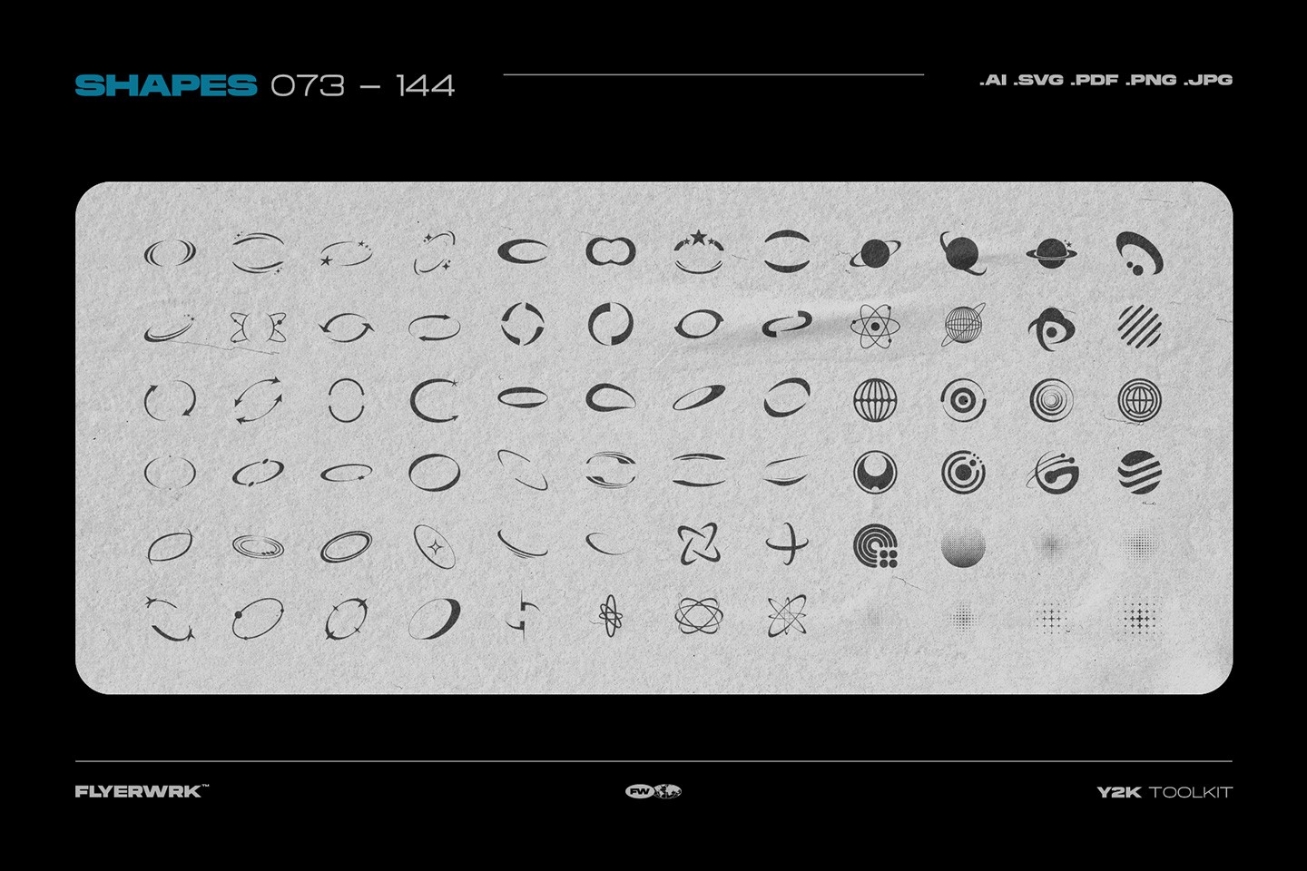 Y2K Toolkit vector shapes 073 to 144 preview with circular tech icons