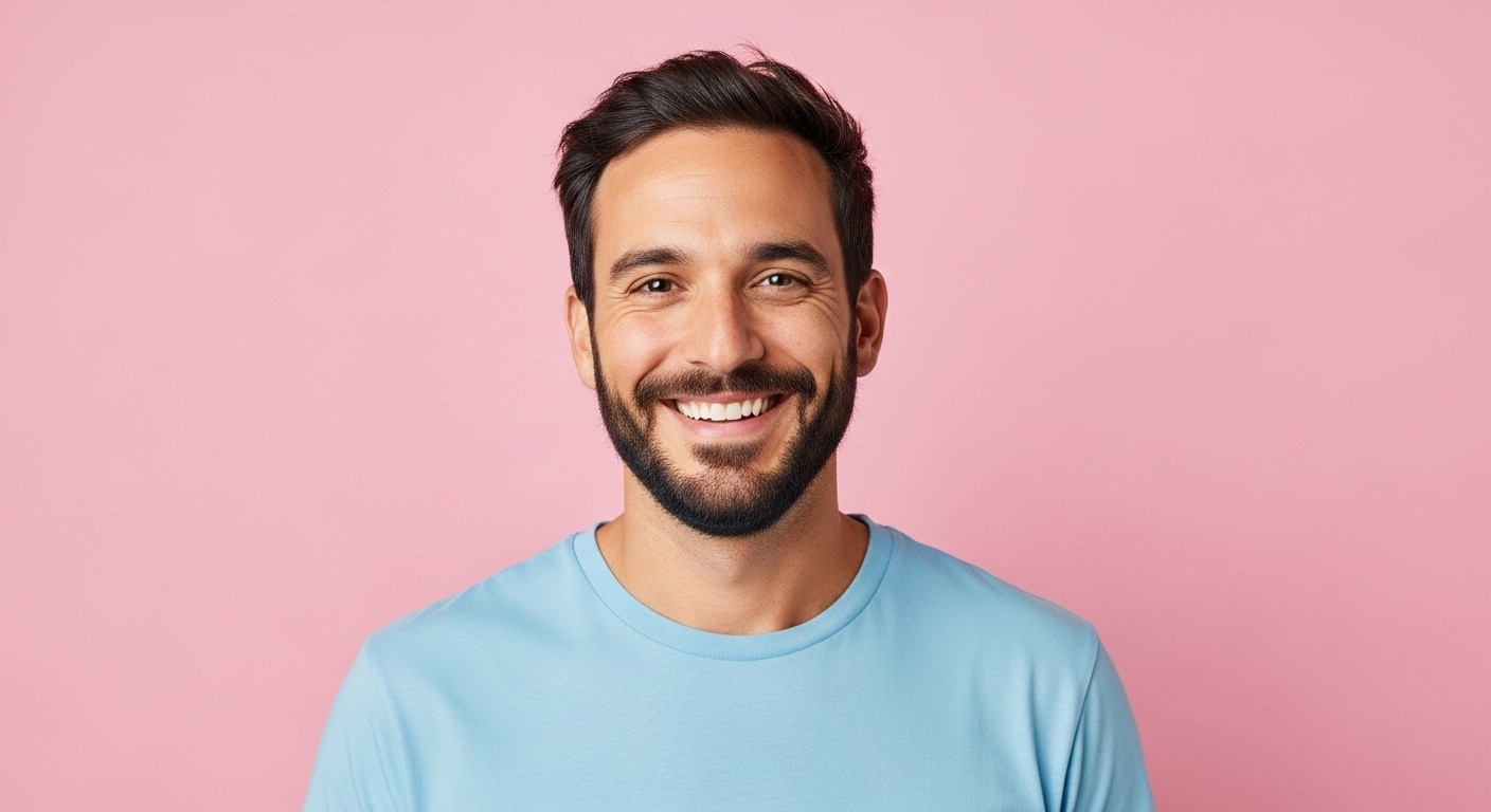 Hombre joven sonriendo a la cámara en un fondo rosa