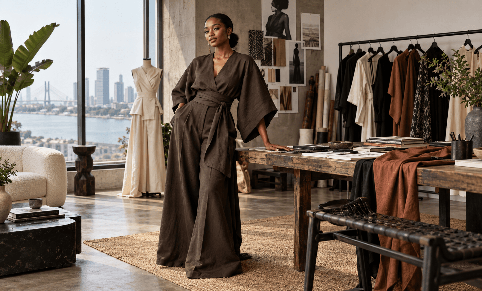 Fashion founder in her atelier surrounded by garments and working materials.