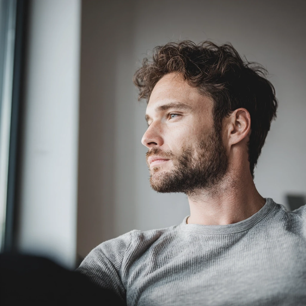 A man sitting with distant unfocused gaze
