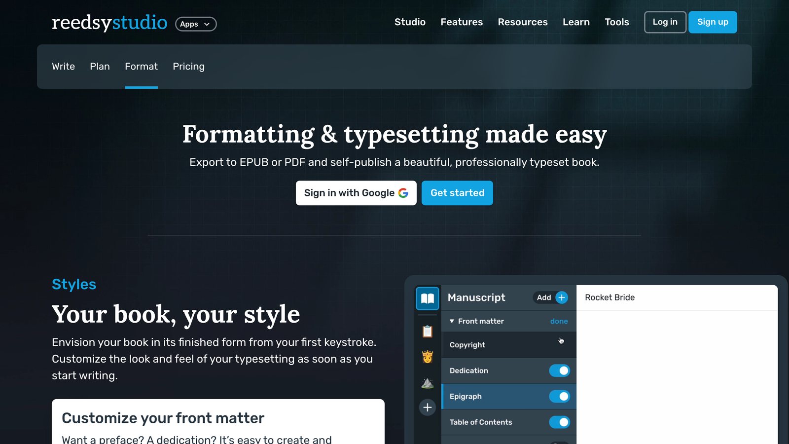 Reedsy Studio's formatting page, headed Formatting and typesetting made easy, saying you can export to EPUB or PDF, with the front matter settings of the app below