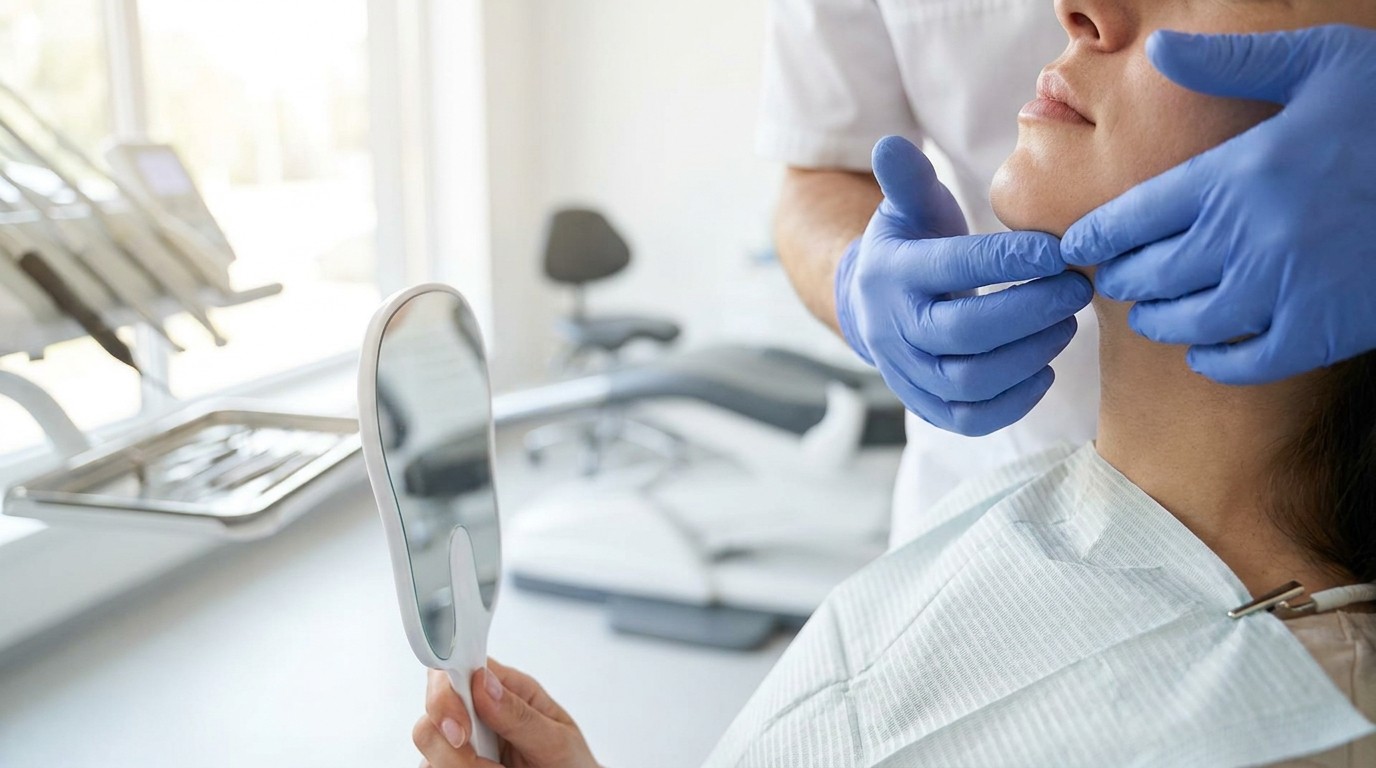 A dentist gently examines a patient's jaw muscles during a TMJ evaluation in a bright dental office.