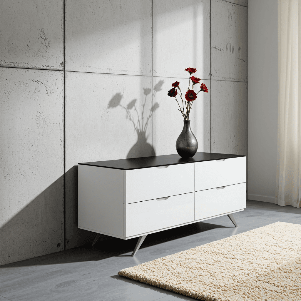 product photography of a modern TV stand with storage drawers and a decorative vase