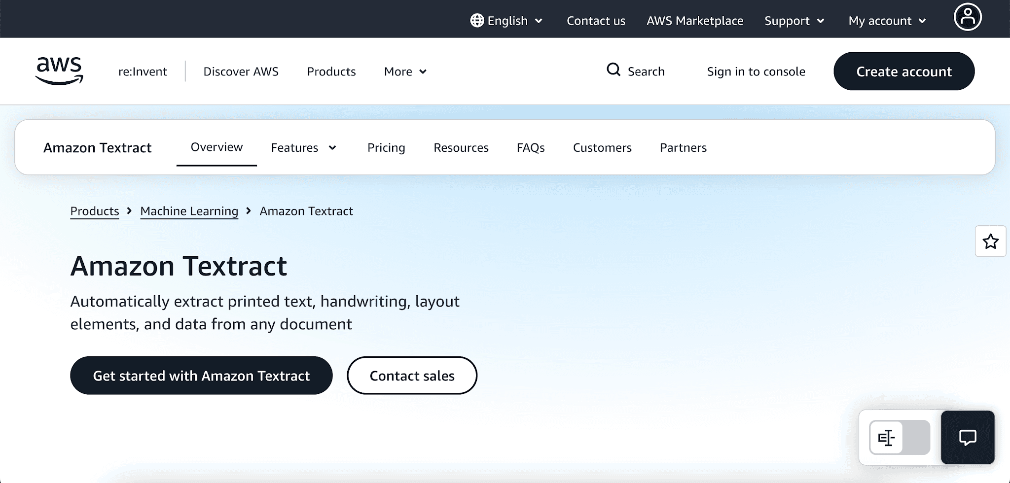 Amazon Textract webpage