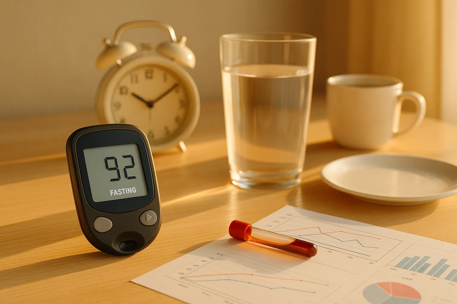 Morning scene with a fasting glucose meter, glass of water, and lab report on a wooden table