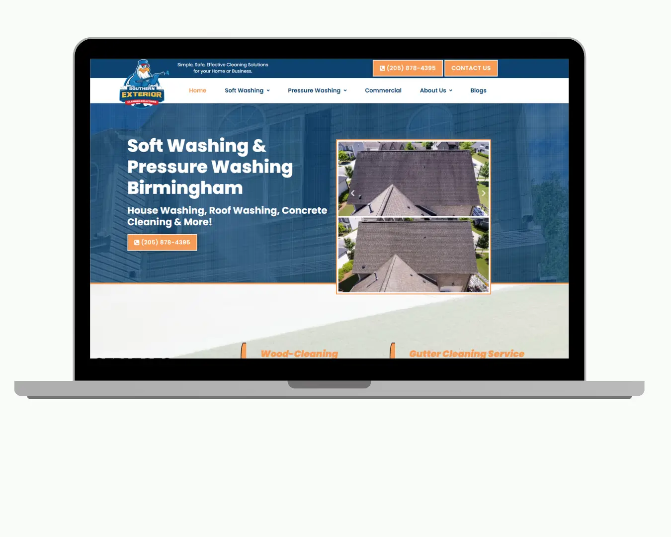 Southern Exterior Cleaning website on laptop showing soft washing services in Birmingham.