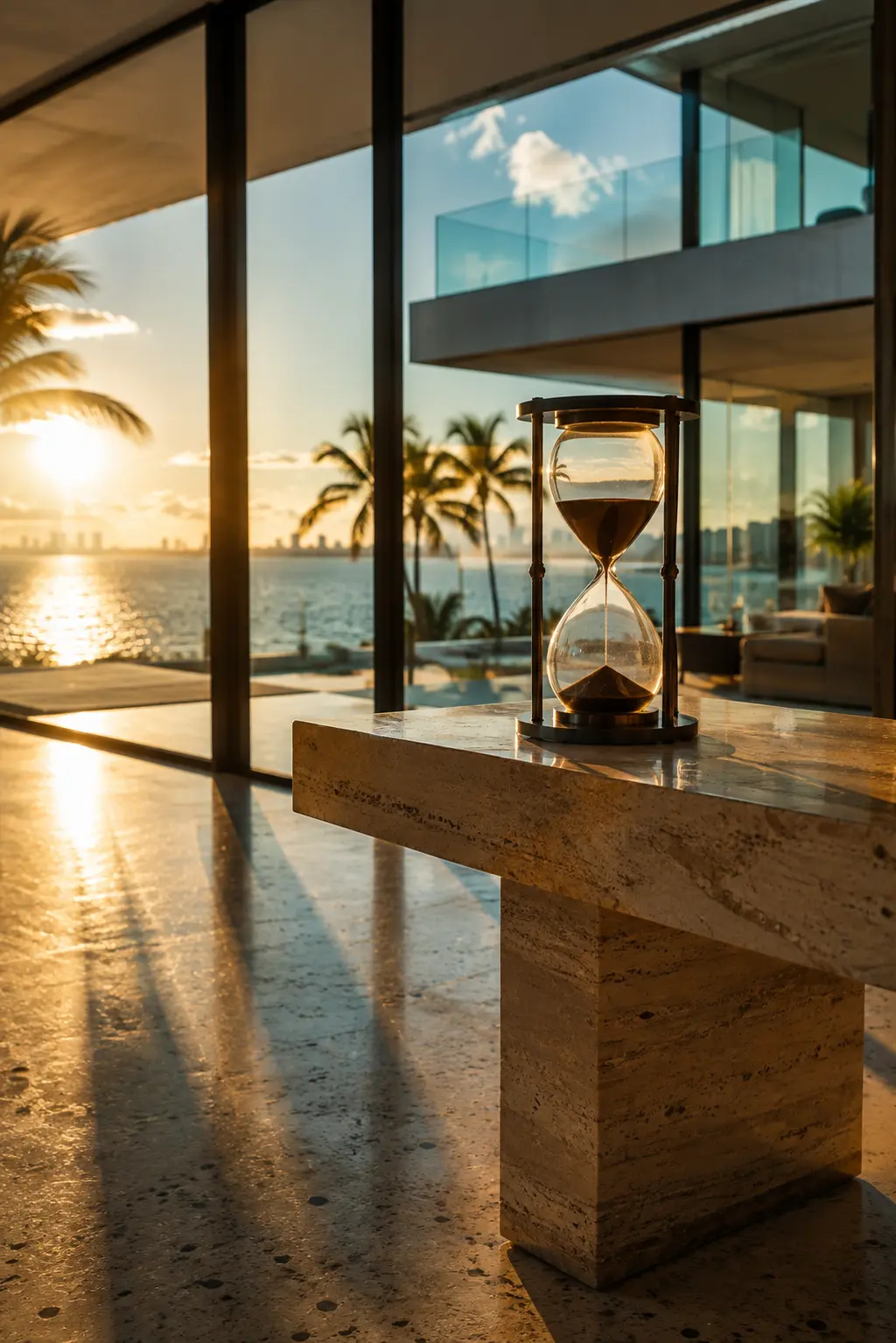 Bronze hourglass on a console table inside a luxury Miami villa at golden hour.