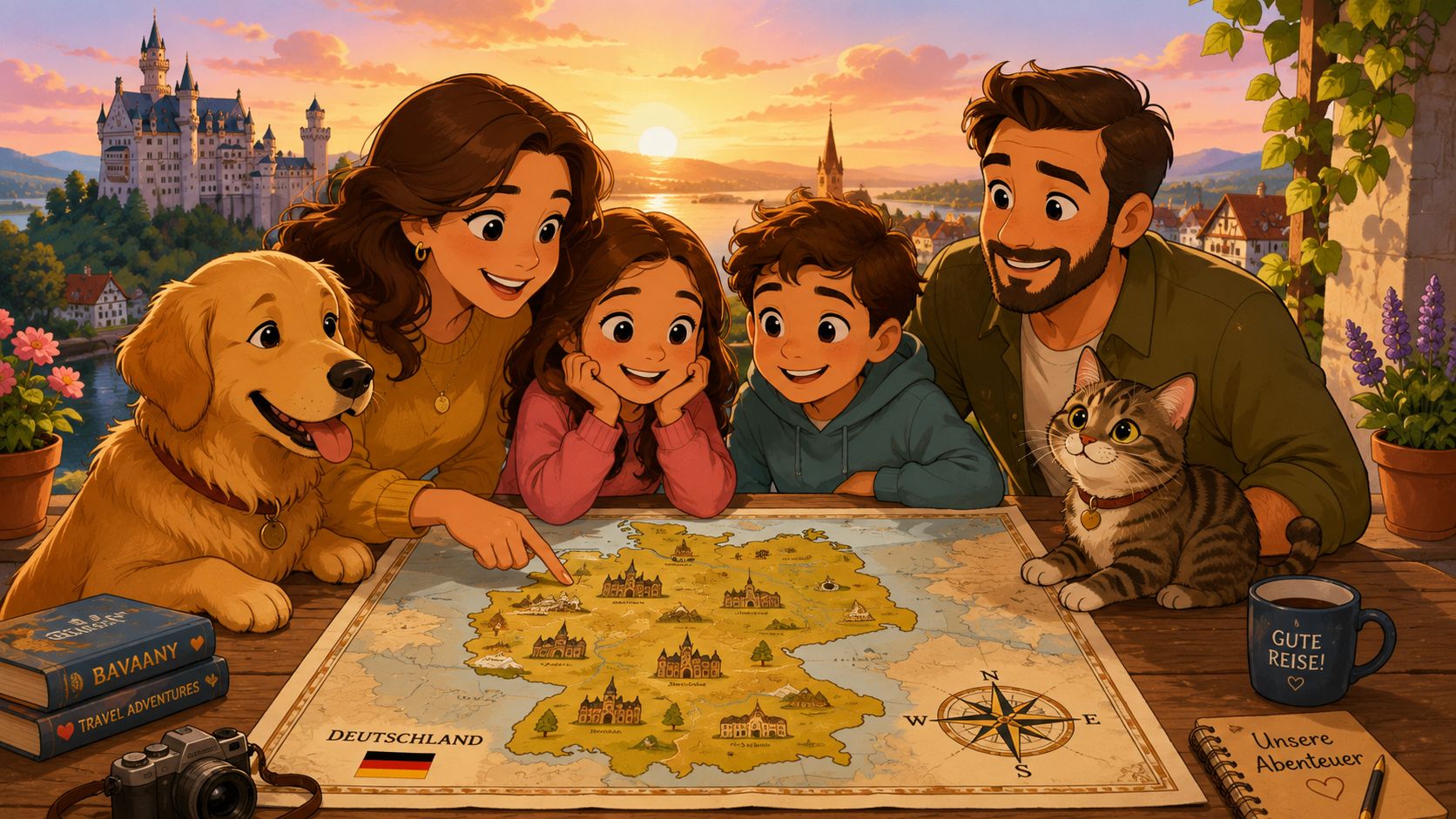 A happy family with their dog and cat planning a trip around Germany using a map.