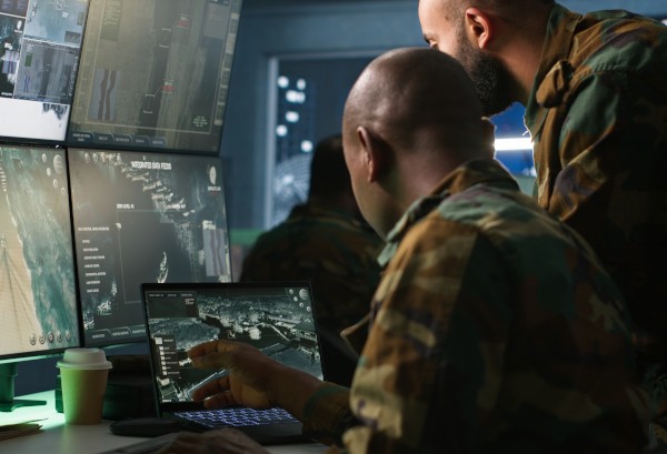 Soldiers using a computer