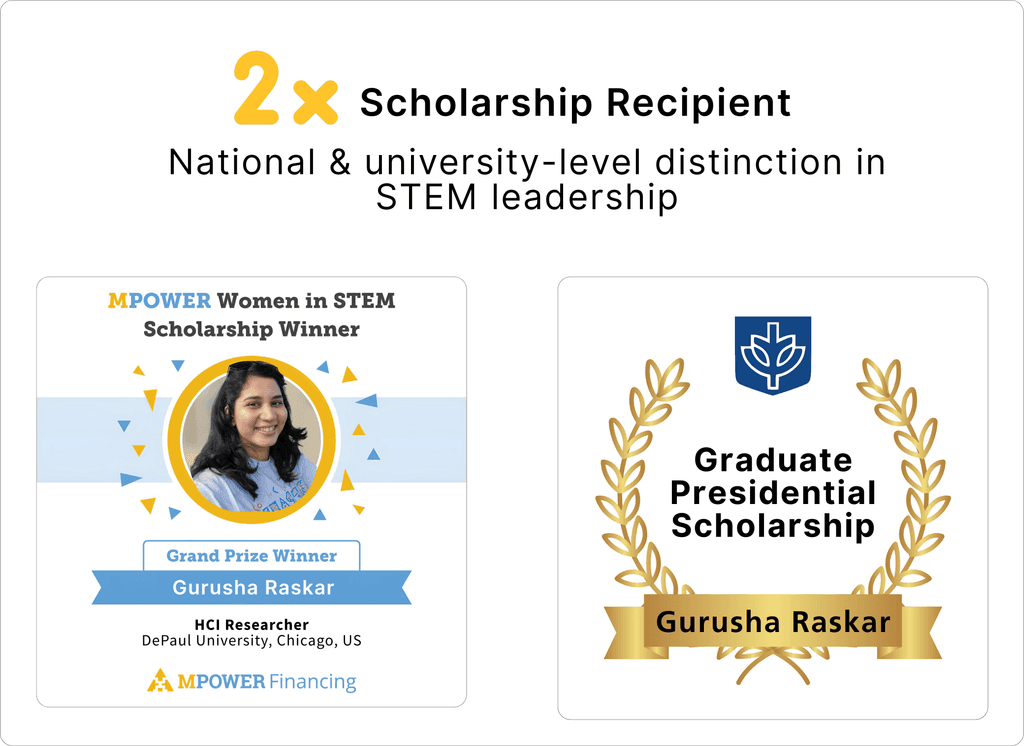 Two scholarship badges: MPOWER Women in STEM Scholarship Winner and DePaul Graduate Presidential Scholarship, both naming Gurusha Raskar