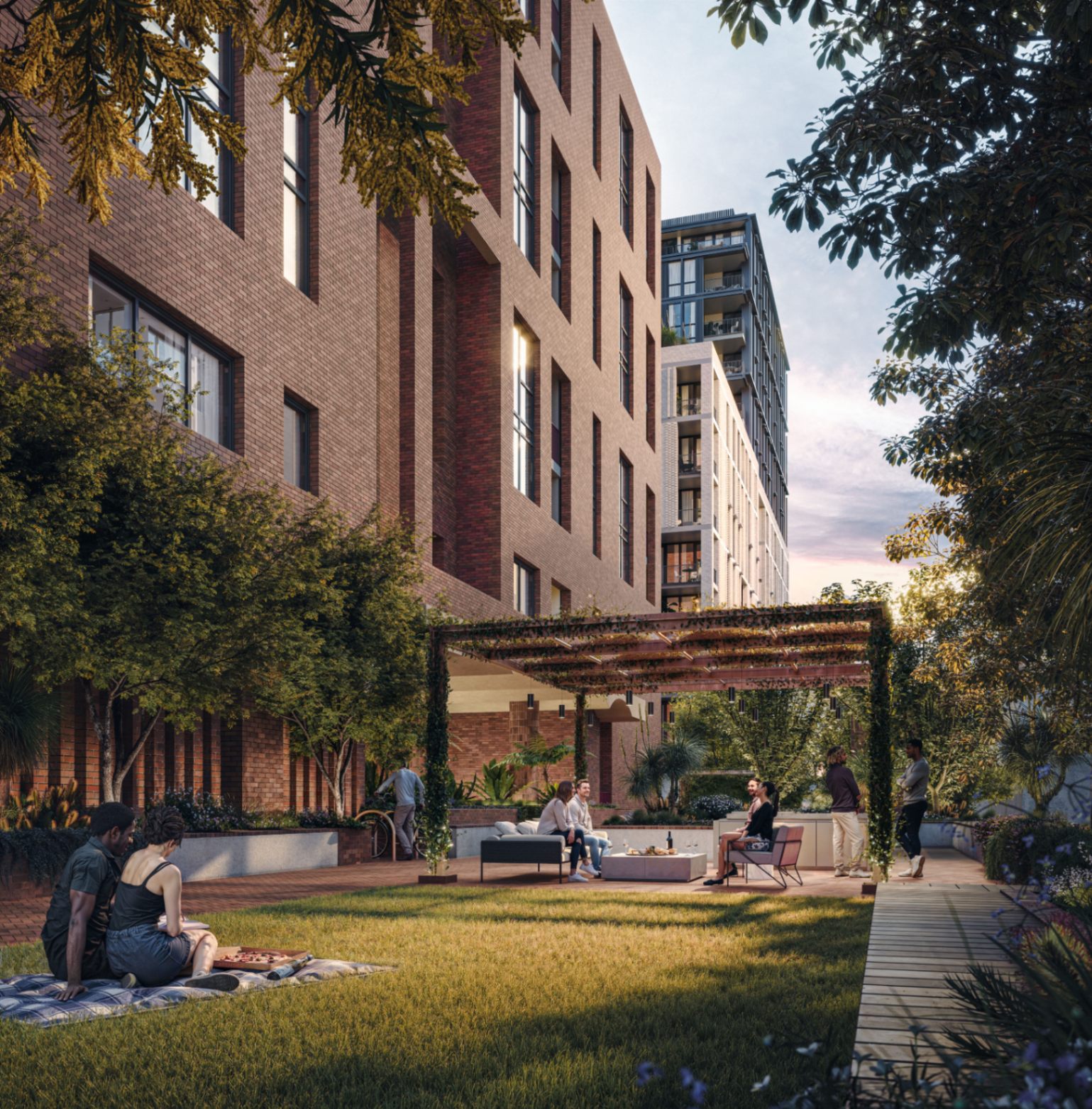 Landscaped communal courtyard at The Avenues Zetland with residents relaxing outdoors, green spaces, and pergola seating in a modern off-the-plan development.