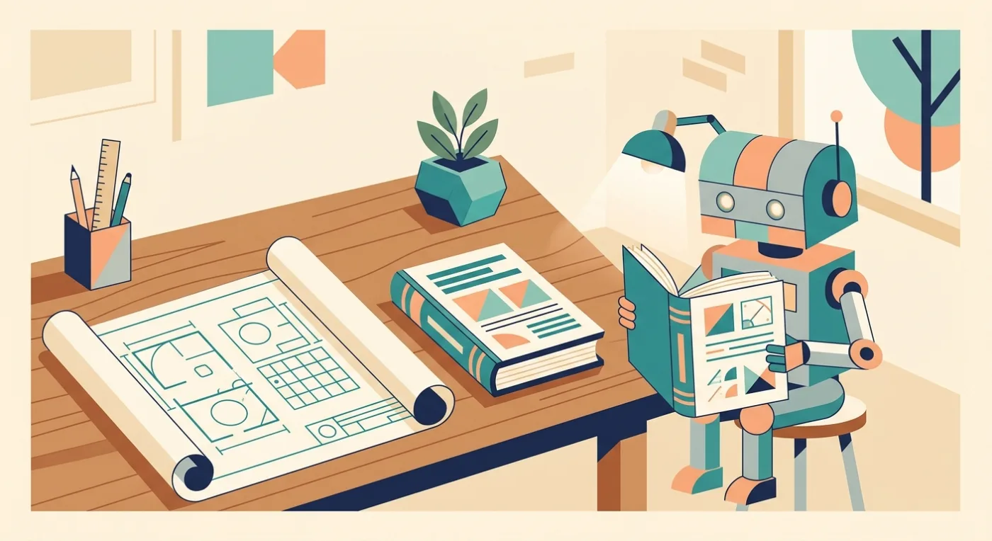 Vibe coding project rules and spec illustrated as a blueprint and rulebook read by an AI agent