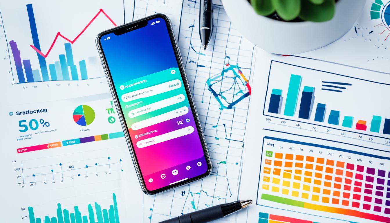 Create an image of a smartphone with an Instagram app on it, displaying a high engagement rate percentage. Surround the phone with various marketing tools such as a camera, a pen and notebook, and a graph chart to emphasize the importance of leveraging engagement rates for successful marketing. Use vibrant colors to make the image eye-catching.