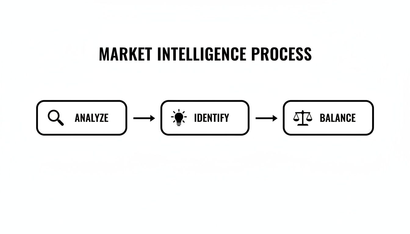 A diagram outlining the Market Intelligence Process with three steps: Analyze, Identify, and Balance.