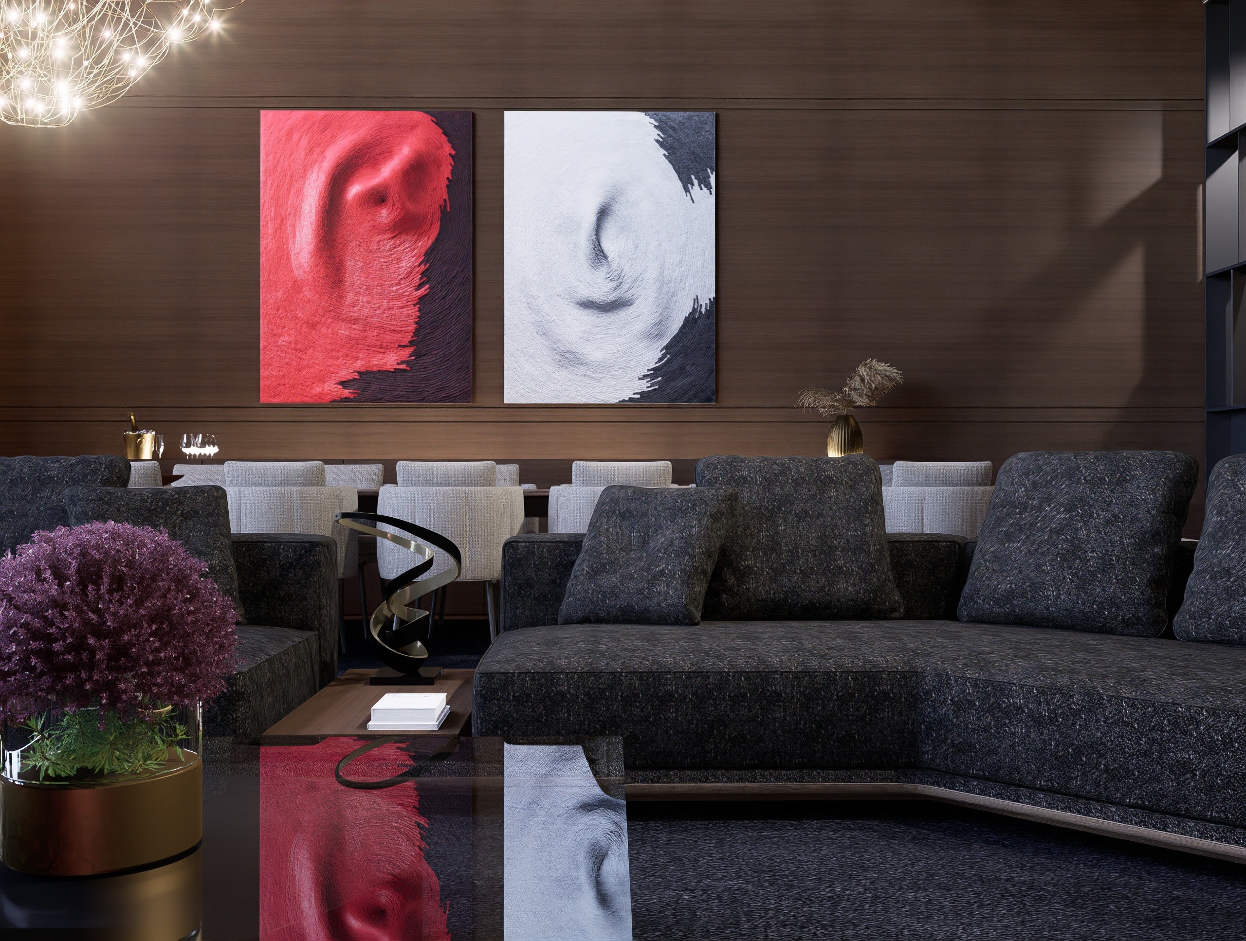 Precision material transitions between dark stone cladding and timber joinery in a contemporary Limassol interior by topos design studio