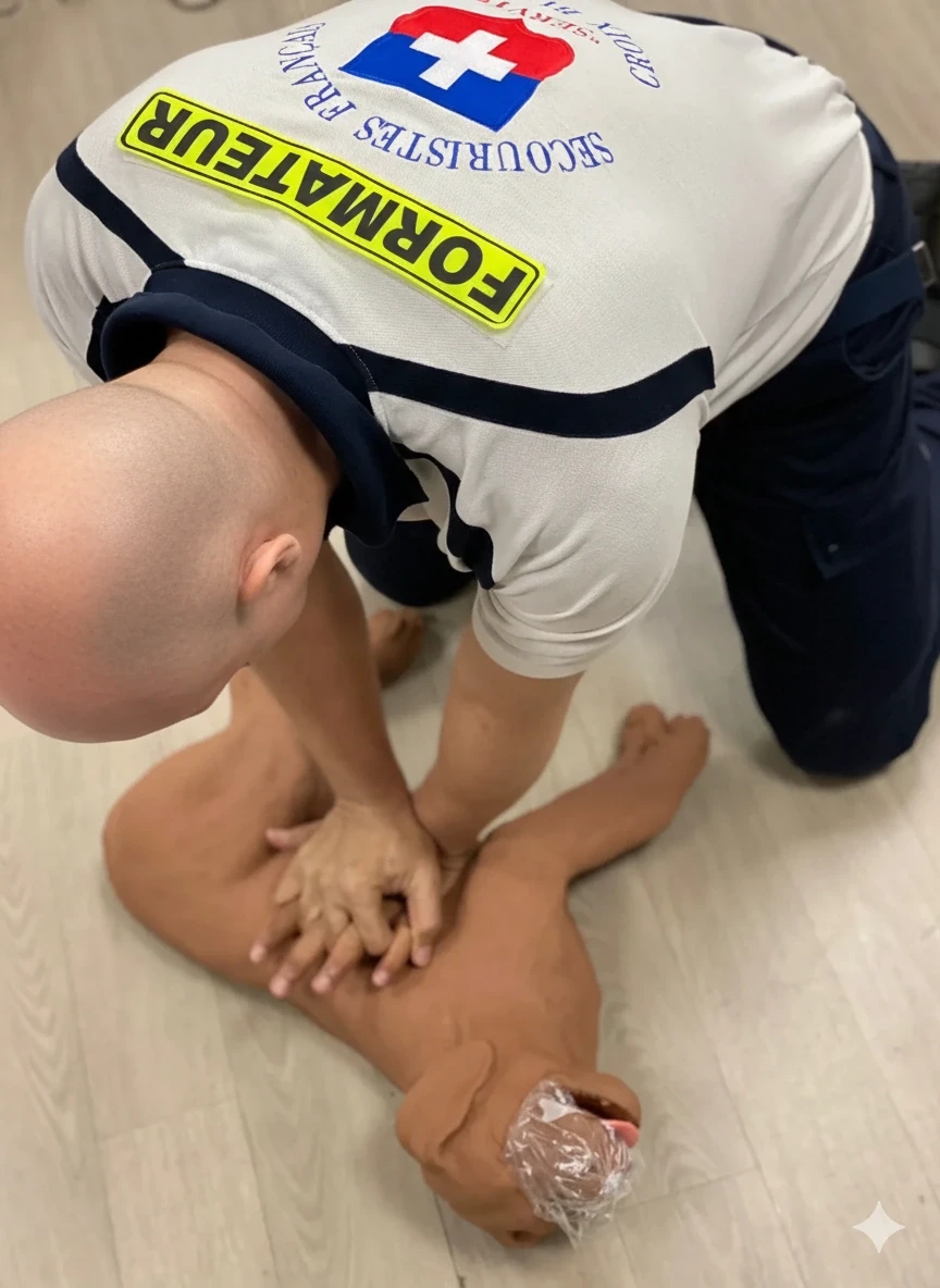 Formation de secourisme, mannequin RCP, compressions thoraciques réalisées par un formateur expérimenté.