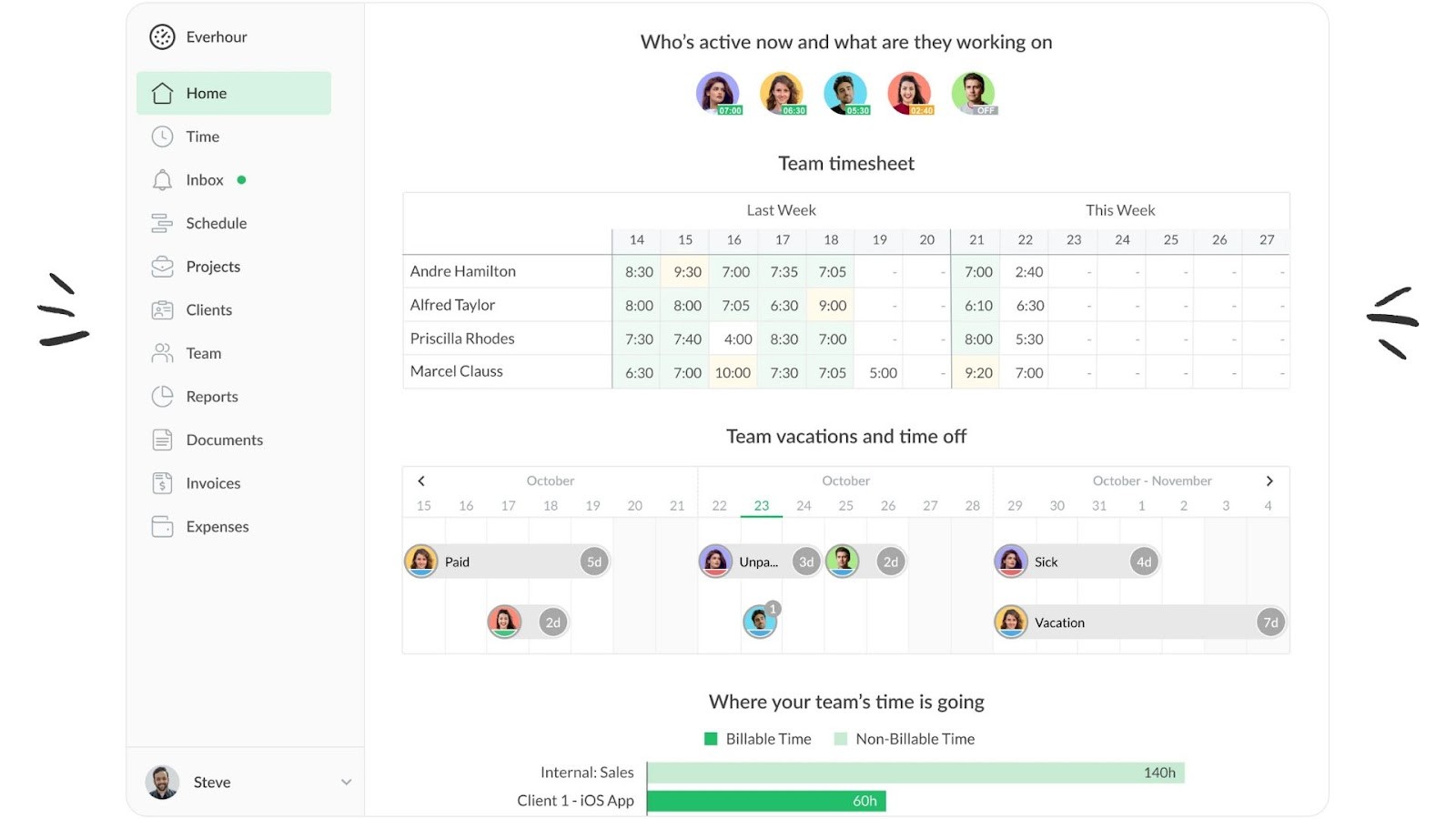 Everhour’s team timesheet, vacations, and time tracking dashboard