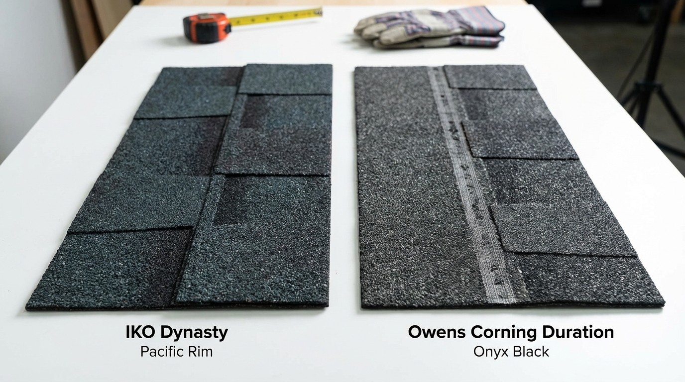 IKO vs Owens Corning shingles comparison showing Dynasty and Duration samples