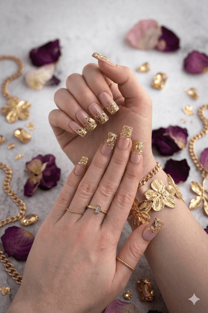 Hand with nude and glittery rhinestone nails in a sweater