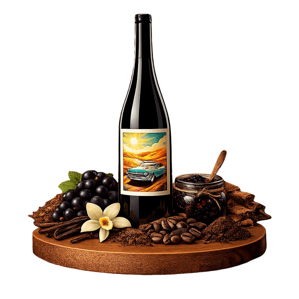 Artistic label and flavor profile for California Napa Valley Cabernet on a rustic wooden table.