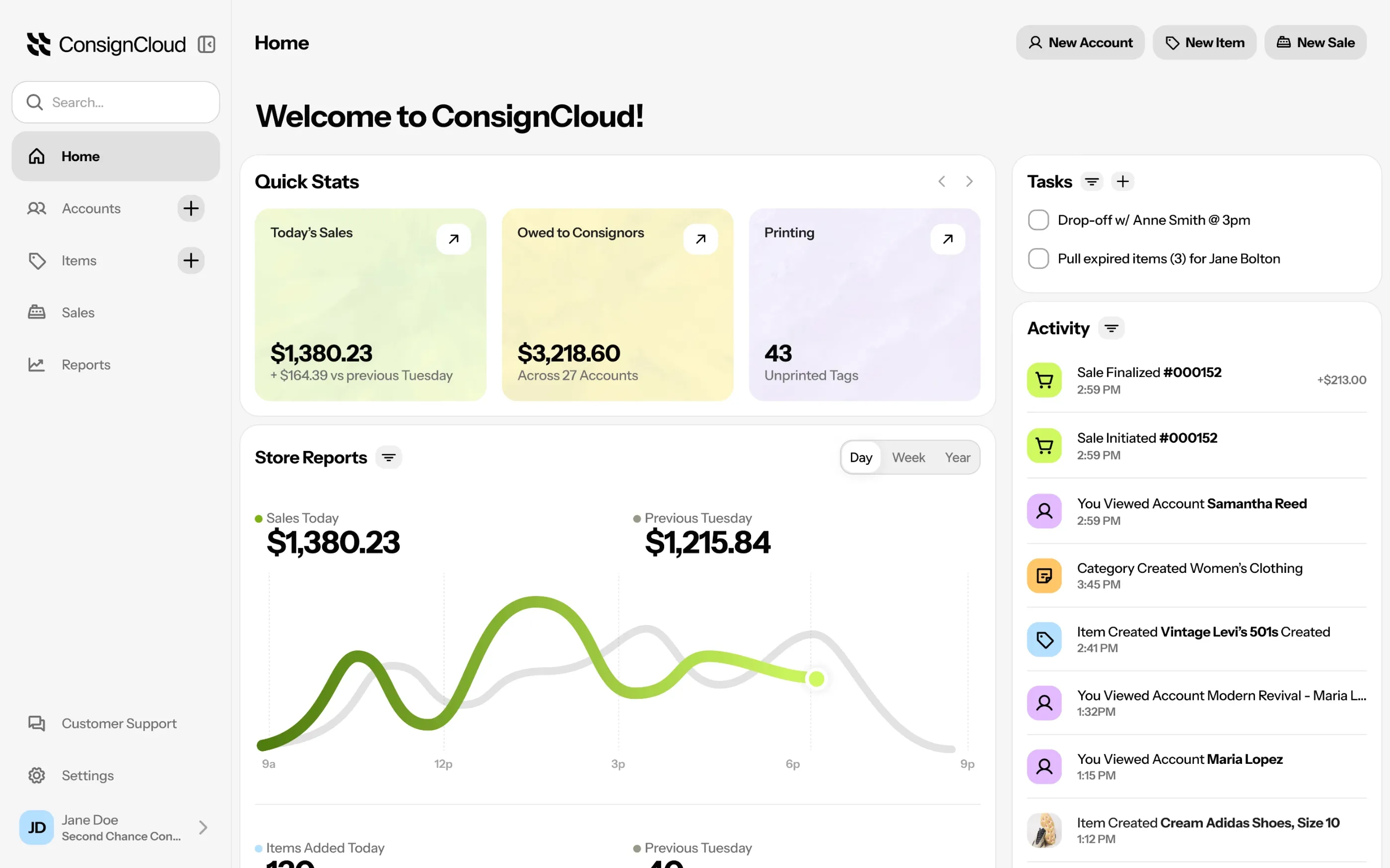 ConsignCloud dashboard showing sales and recent activity