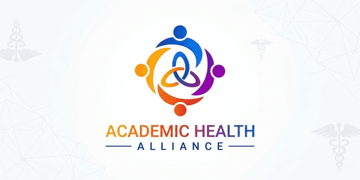 Academic Health Alliance colorful logo on white background with medical symbols and geometric accents.