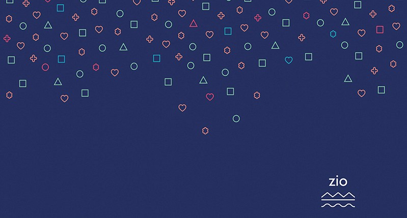 A blue poster with red, green and blue lined shapes that seem to fall like rain. In a corner there is a logo with some wave patens and the text ZIO.