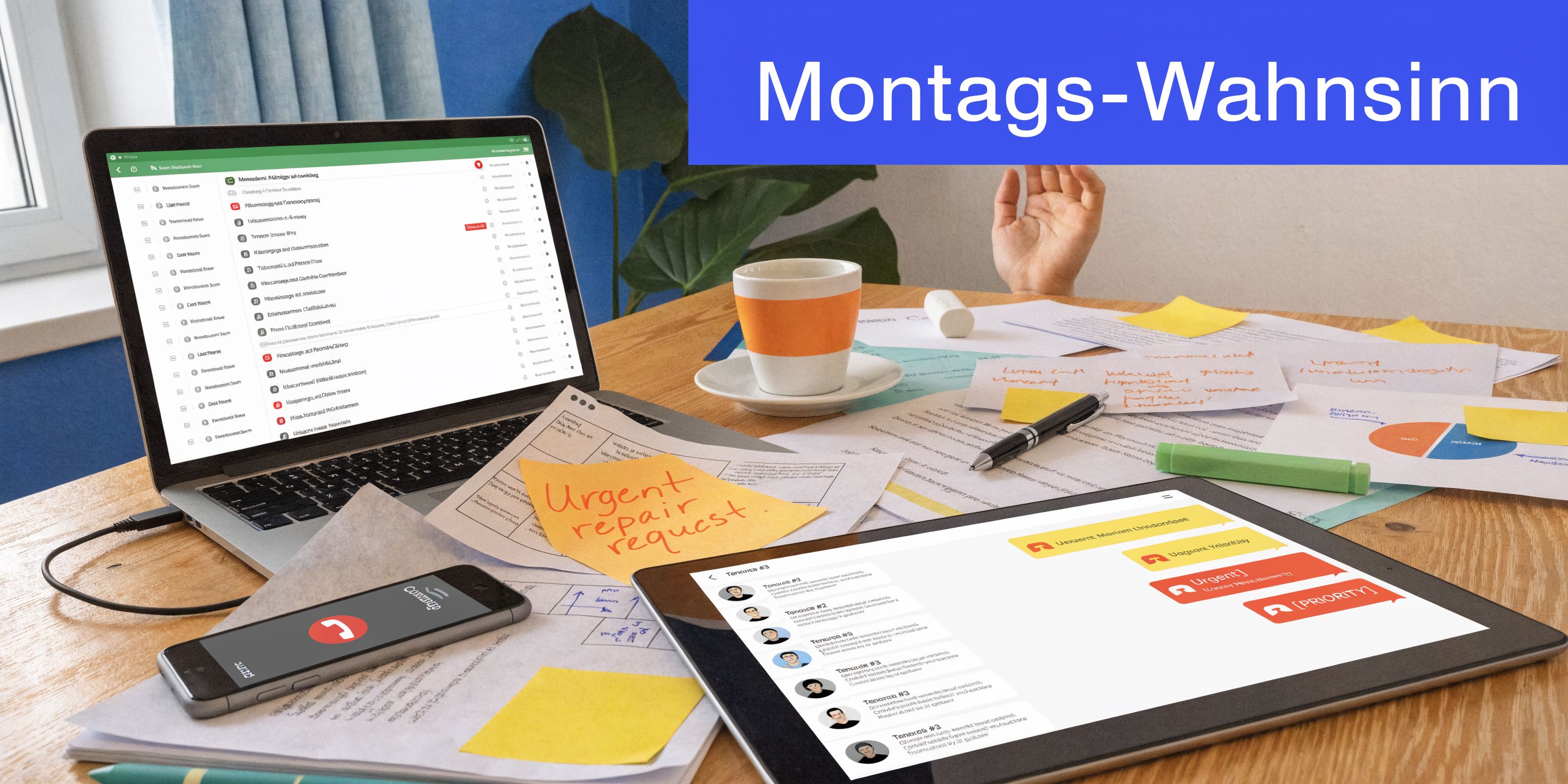 Ein stressiger Schreibtisch mit Laptop, Tablet, Smartphone und vielen Notizen zum Thema Reparaturen am Haus.