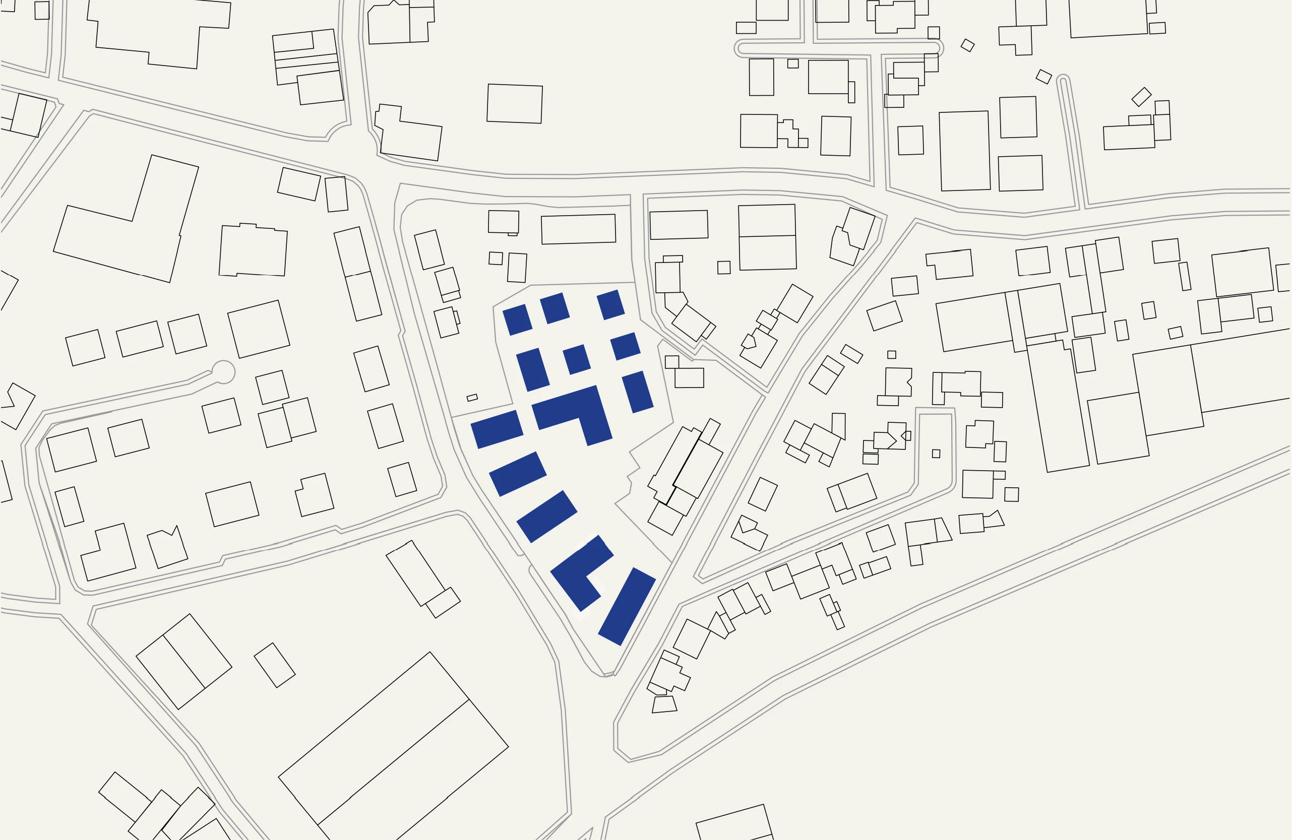Isometrische Zeichnung eines Bauprojekts mit mehreren Gebäuden und markierten Strukturen in Rot