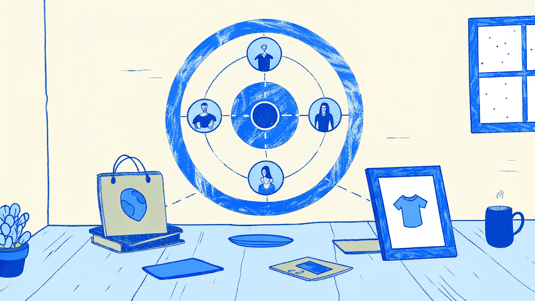 Six seller profile icons orbiting a bullseye, with a custom-printed t-shirt nearby
