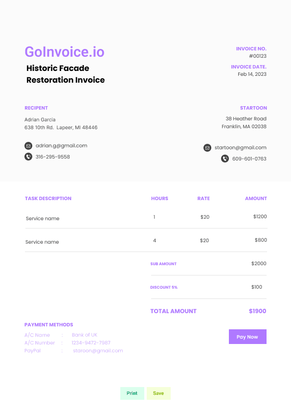 Historic Facade Restoration Invoice