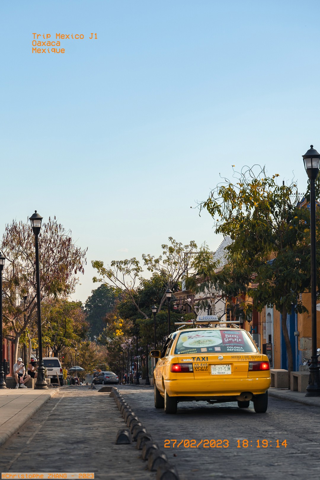 Taxi jaune circulant dans une rue pavée bordée d'arbres à Oaxaca, Mexique.