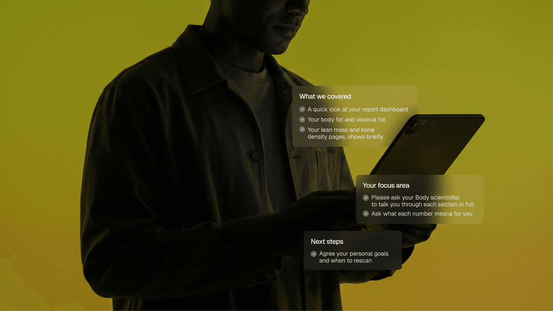 Lab Notes overview showing what we covered, your focus area and next steps beside a person using a tablet